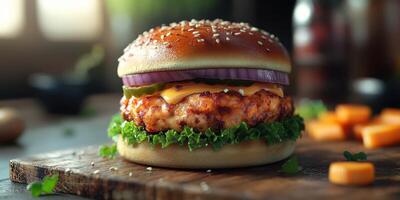 Mouthwatering burger with chicken patty, cheese, and fresh vegetables on a rustic wooden board photo