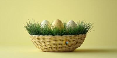 Decorative basket with colored eggs surrounded by grass on a light yellow background for spring celebration photo