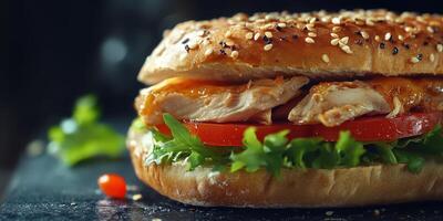 Freshly made chicken sandwich with sesame bun and lettuce served on a dark slate surface photo