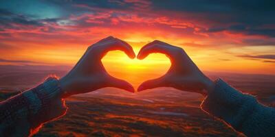 Hands forming a heart shape during a vibrant sunset overlooking a scenic landscape photo