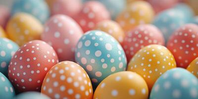 Colorful decorative Easter eggs in pastel shades scattered on a bright surface during spring festivities photo