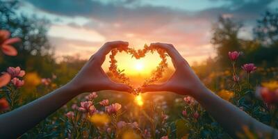 Sunset hand heart shape with flowers in a vibrant field during golden hour photo