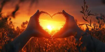 Creating a heart shape with hands, framed by a stunning sunset in a golden field photo