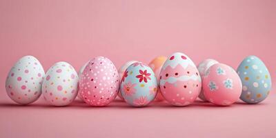 Decorative Easter eggs in pastel colors arranged on a soft pink background for spring festivities photo