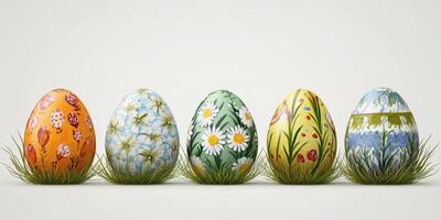 Colorful and decorative Easter eggs displayed on a table with a green grass base during springtime celebration photo