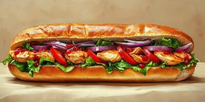 Delicious sandwich filled with grilled chicken, fresh vegetables, and sauces served on a toasted hoagie roll photo