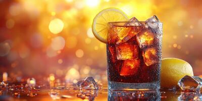 Refreshing beverage with ice and lemon in a warm, colorful setting during a summer evening photo
