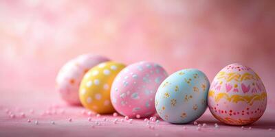 Colorful decorated Easter eggs arranged on a soft pink surface with sprinkles in a cheerful spring setting photo