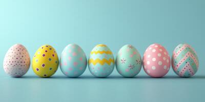Colorful decorated eggs arranged on a blue background for a festive celebration or event photo