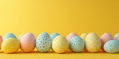 Colorful decorated eggs arranged on a bright yellow background for Easter celebrations during springtime photo