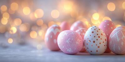 Decorative pastel Easter eggs arranged on a table with soft bokeh lights in the background during springtime festivities photo