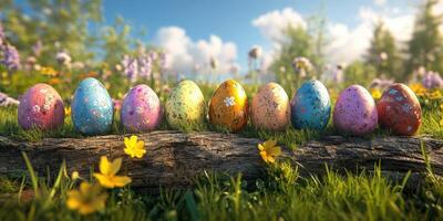 Colorful decorated eggs placed on a log in a vibrant grass field during a sunny spring day photo