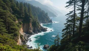 A scenic view of the ocean and trees on the side of a cliff photo