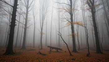 A bench in the middle of a foggy forest photo