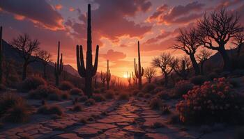 A desert scene with cactus trees and rocks photo