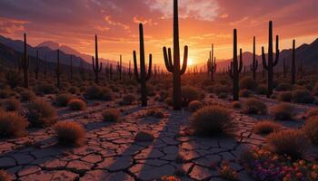 A desert scene with cactus trees and flowers photo