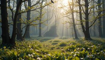 A forest with trees and grass in the morning photo