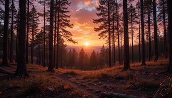 A sunset in the forest with trees and grass photo