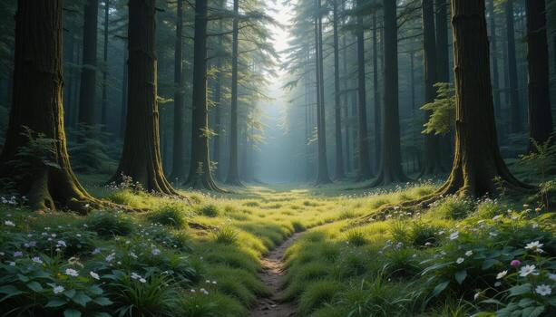 A path through a forest with trees and flowers photo