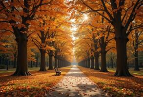 Autumn trees line a pathway in the park photo