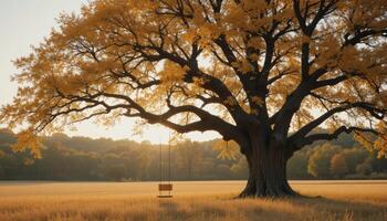 A large tree in the middle of a field with a bench photo