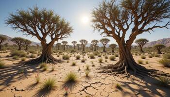 A desert with trees and dry ground photo