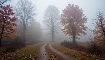 A foggy road in the middle of an autumn forest photo
