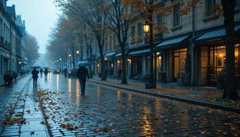 People walking down a wet street with umbrellas photo