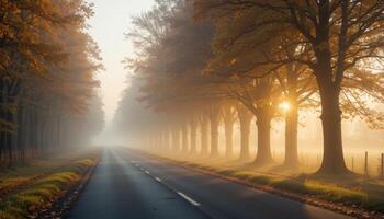 A road lined with trees and fog in the morning photo