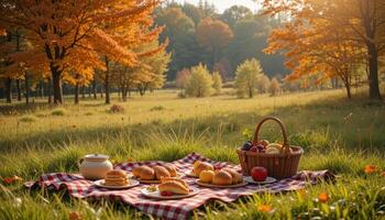 Picnic in the park with autumn leaves and apples photo