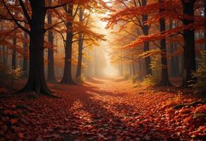 An autumn forest with trees and leaves photo