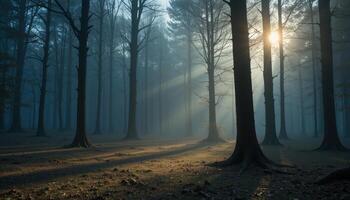A forest with trees and sun shining through photo