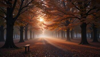An autumn path with trees and bench in the fog photo