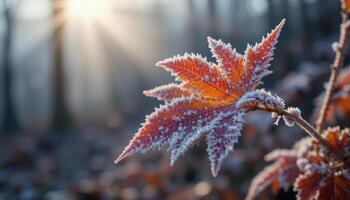 Frosty maple leaf in the forest photo