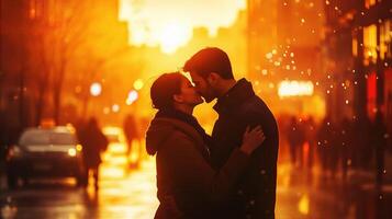 A couple kissing in the rain on a city street photo
