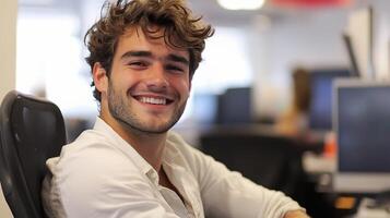 A man is smiling while sitting at a desk photo