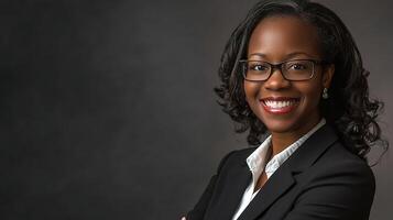 A black woman in glasses and a business suit photo