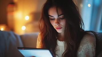 A woman is using a tablet computer at night photo