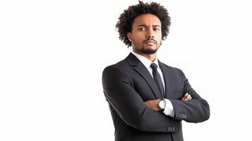 A man in a suit and tie standing with his arms crossed photo