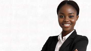 A black woman in a business suit smiling photo