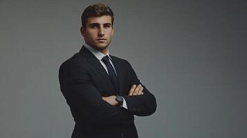 A man in a suit and tie standing with his arms crossed photo