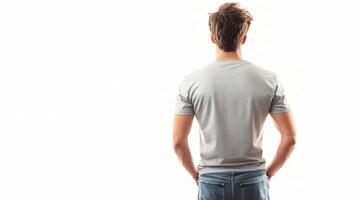 A man in jeans and a t - shirt standing in front of a white background photo