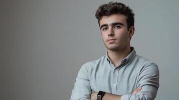 A young man with his arms crossed standing in front of a gray background photo
