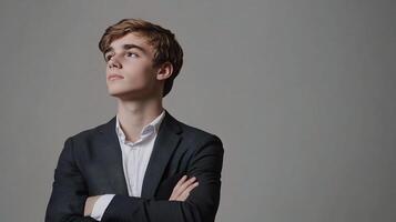 A young man in a suit and tie standing with his arms crossed photo