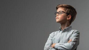 A young boy in glasses standing with his arms crossed photo
