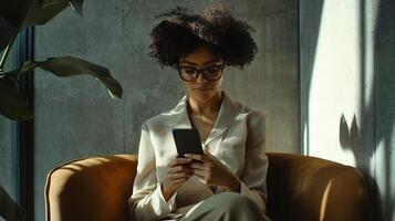 A woman with glasses sitting on a chair and using her phone photo