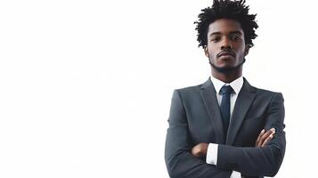 A man in a suit and tie standing with his arms crossed photo