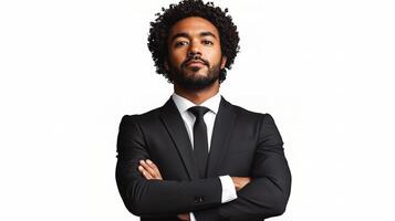 A man with a black suit and tie standing with his arms crossed photo
