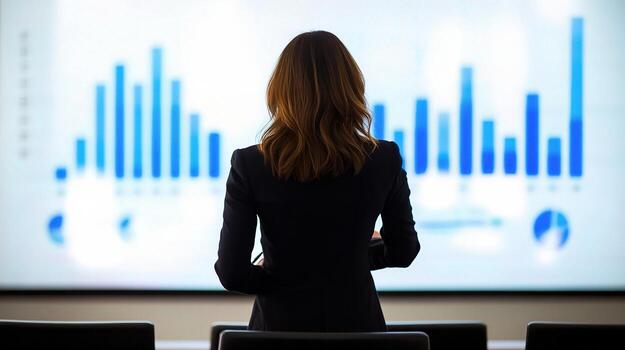 A woman in a business suit is looking at a chart on a screen photo