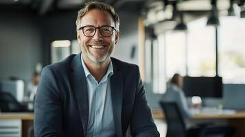 A smiling man in a business suit sitting at a desk photo